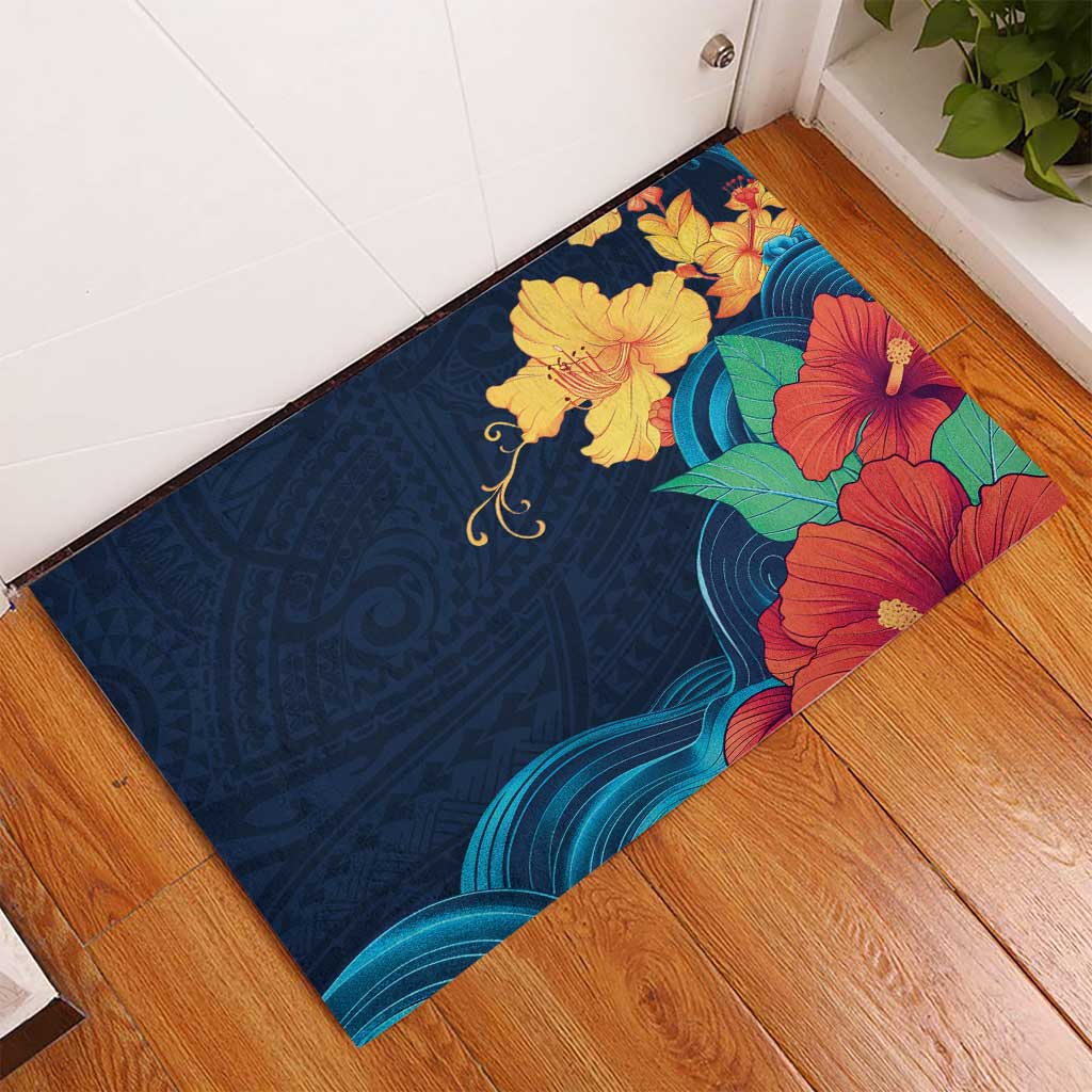Polynesian Hibiscus Flower Waves Pattern Rubber Doormat LT9 - Polynesian Pride