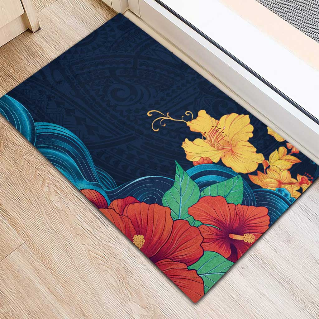 Polynesian Hibiscus Flower Waves Pattern Rubber Doormat LT9 - Polynesian Pride