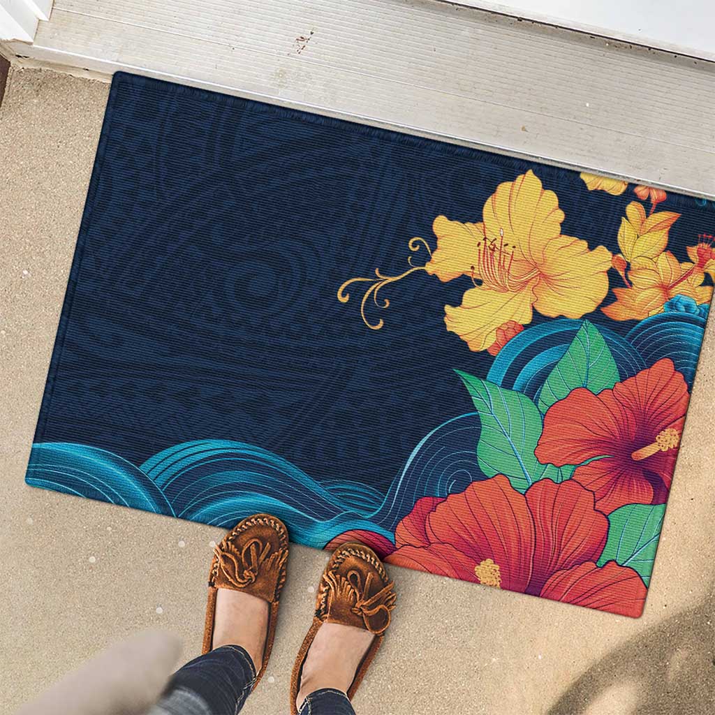 Polynesian Hibiscus Flower Waves Pattern Rubber Doormat LT9 - Polynesian Pride