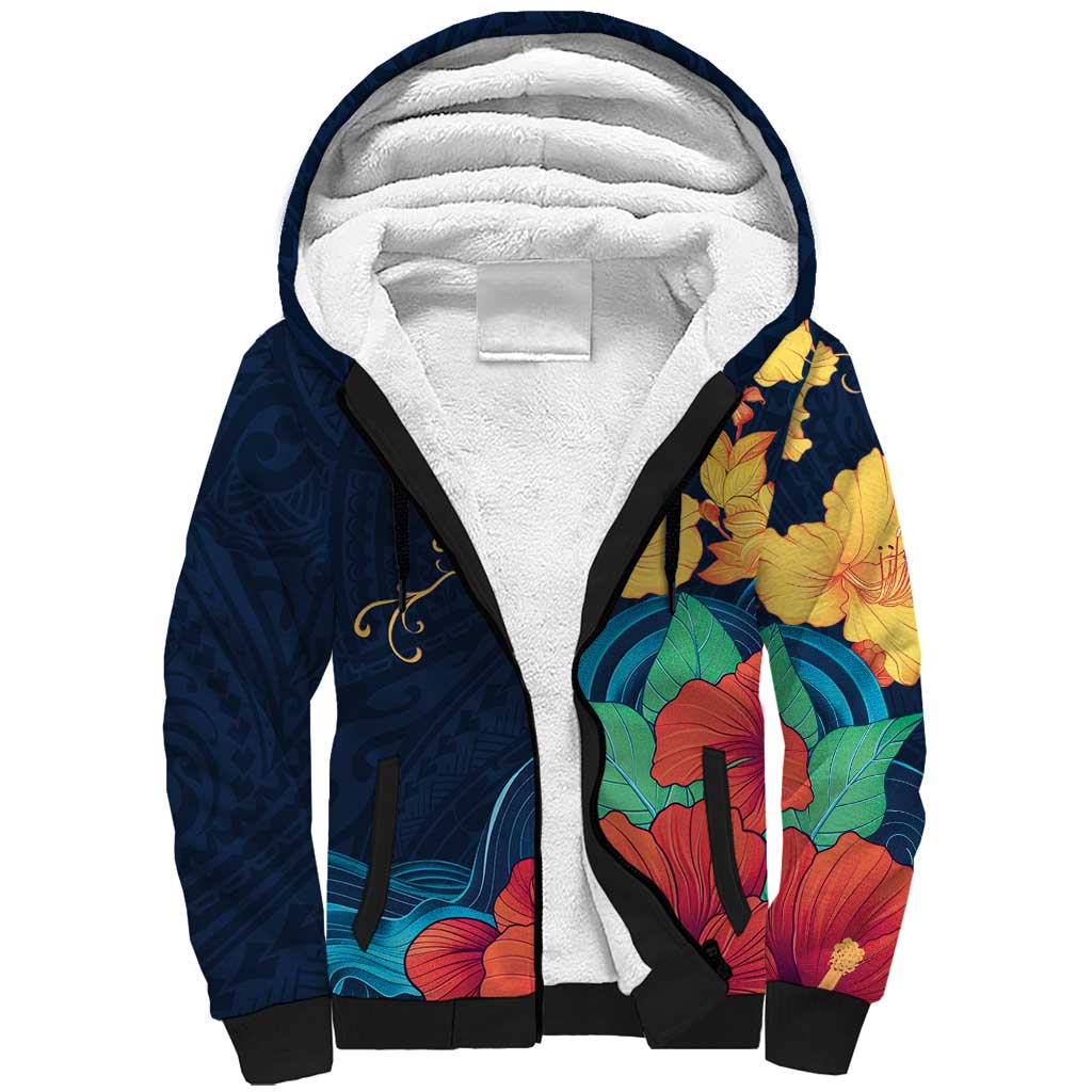 Polynesian Hibiscus Flower Waves Pattern Sherpa Hoodie LT9 Unisex Dark Blue - Polynesian Pride