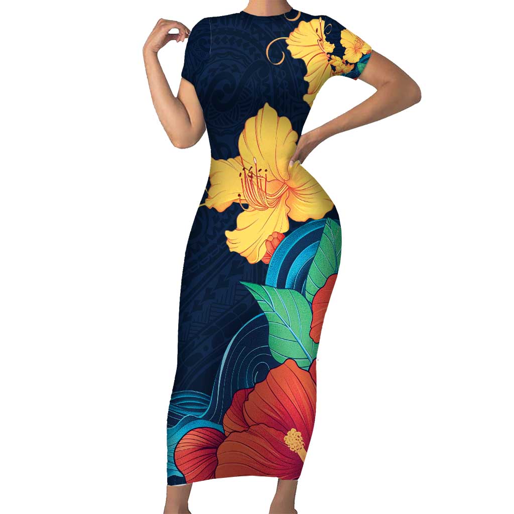 Polynesian Hibiscus Flower Waves Pattern Short Sleeve Bodycon Dress