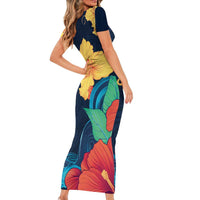Polynesian Hibiscus Flower Waves Pattern Short Sleeve Bodycon Dress