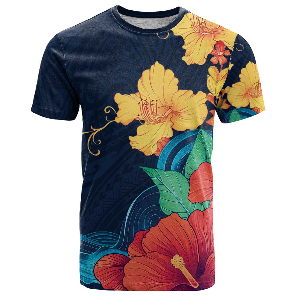 Polynesian Hibiscus Flower Waves Pattern T Shirt