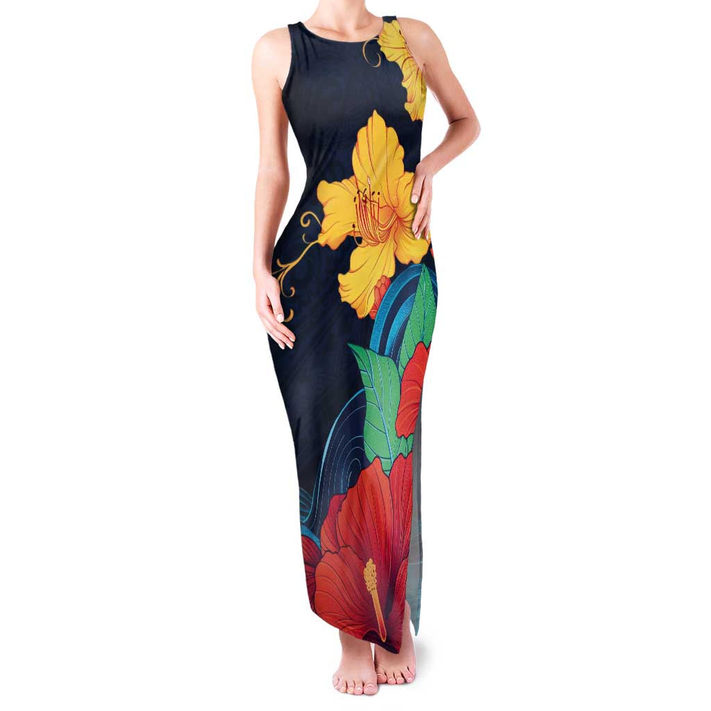 Polynesian Hibiscus Flower Waves Pattern Tank Maxi Dress LT9 Women Dark Blue - Polynesian Pride
