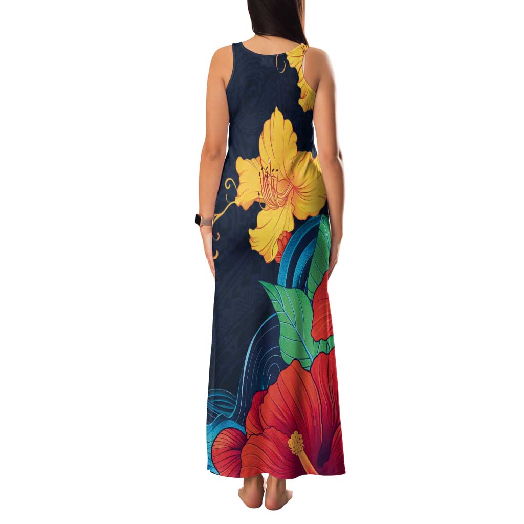 Polynesian Hibiscus Flower Waves Pattern Tank Maxi Dress LT9 - Polynesian Pride