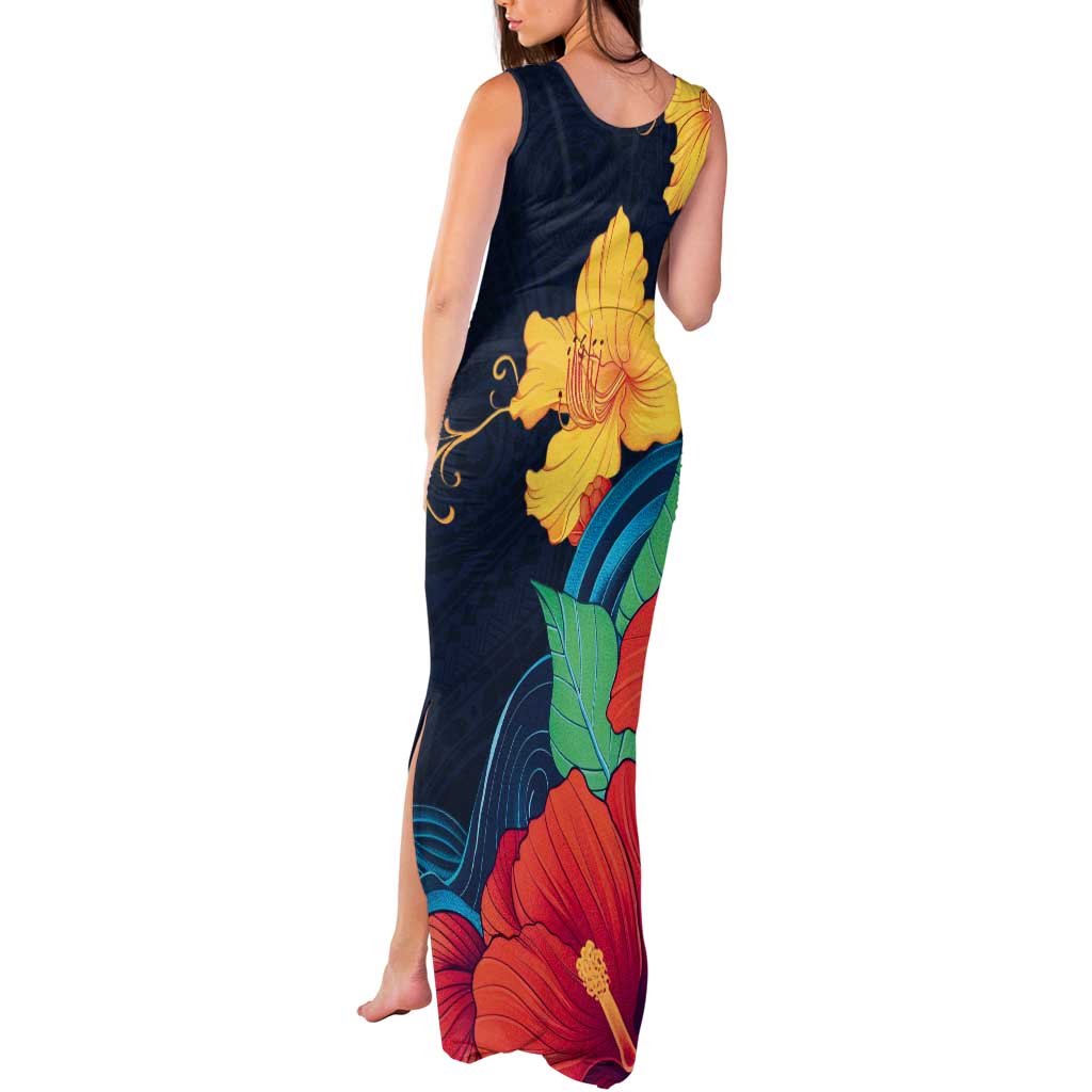 Polynesian Hibiscus Flower Waves Pattern Tank Maxi Dress LT9 - Polynesian Pride
