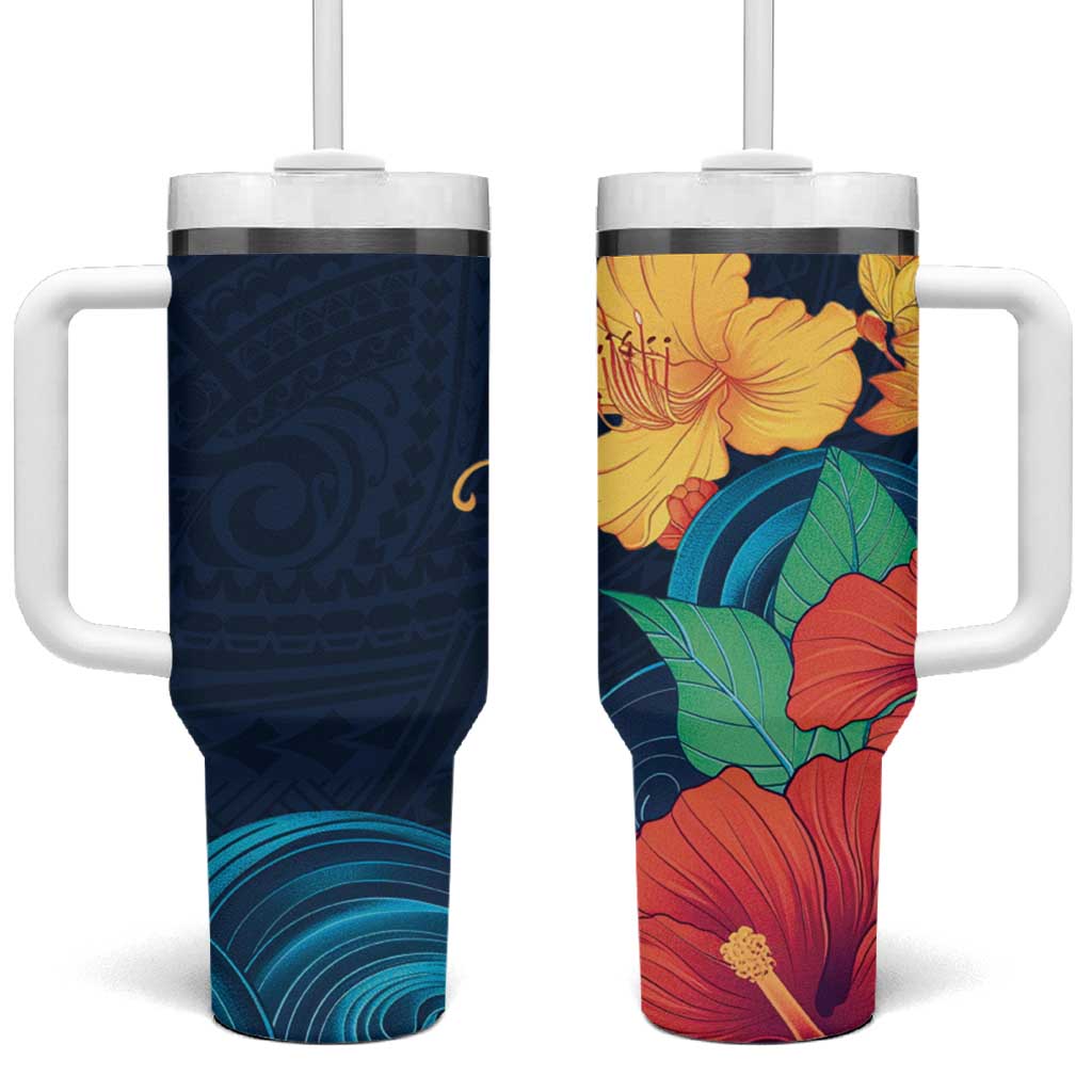 Polynesian Hibiscus Flower Waves Pattern Tumbler With Handle LT9 One Size: 40 oz Dark Blue - Polynesian Pride