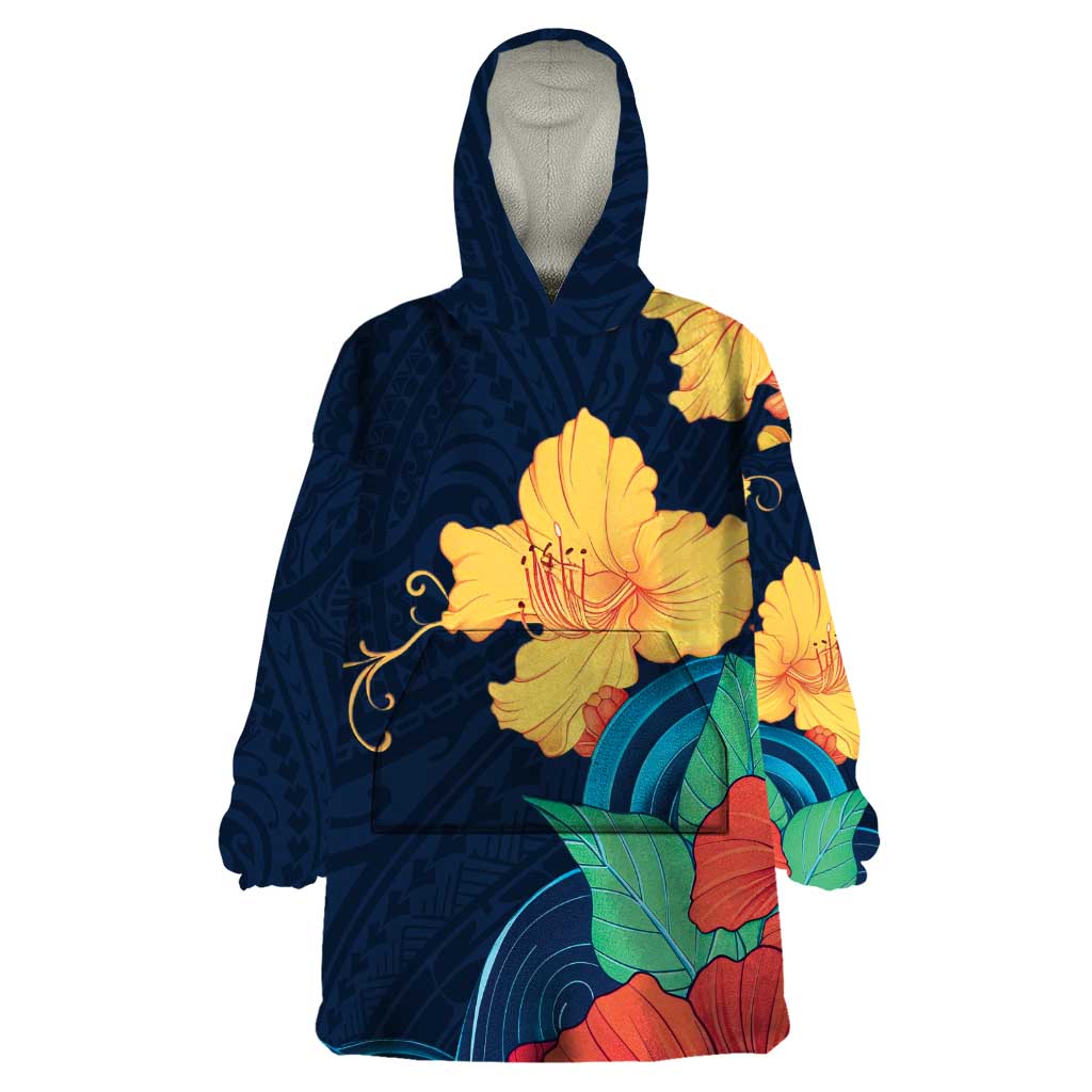 Polynesian Hibiscus Flower Waves Pattern Wearable Blanket Hoodie LT9 One Size Dark Blue - Polynesian Pride