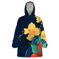 Polynesian Hibiscus Flower Waves Pattern Wearable Blanket Hoodie LT9 One Size Dark Blue - Polynesian Pride