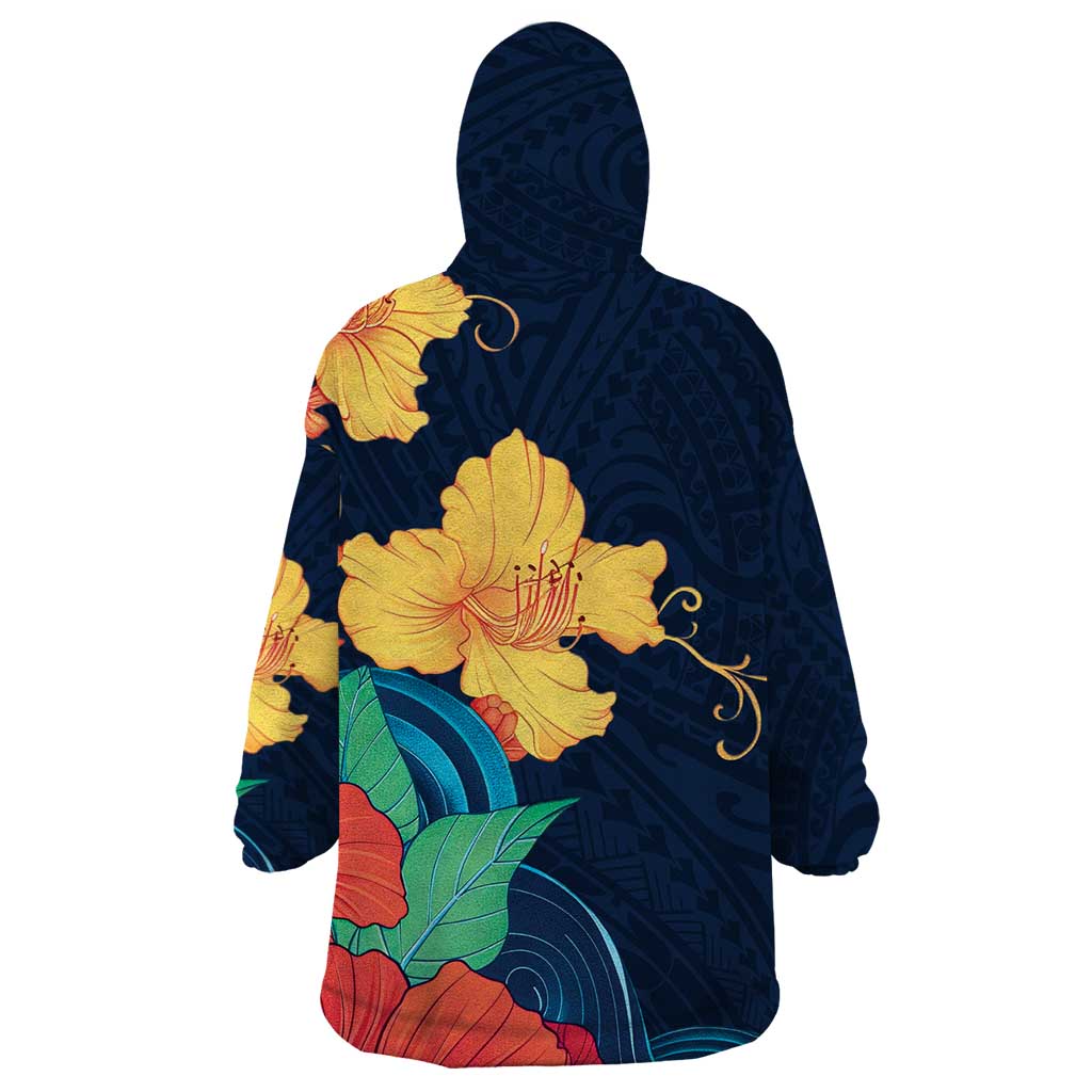 Polynesian Hibiscus Flower Waves Pattern Wearable Blanket Hoodie LT9 - Polynesian Pride