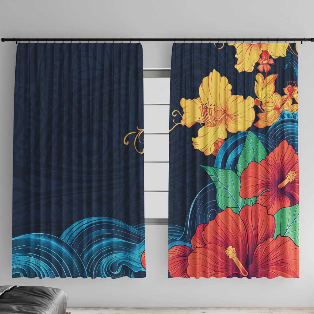 Polynesian Hibiscus Flower Waves Pattern Window Curtain LT9 With Hooks Dark Blue - Polynesian Pride