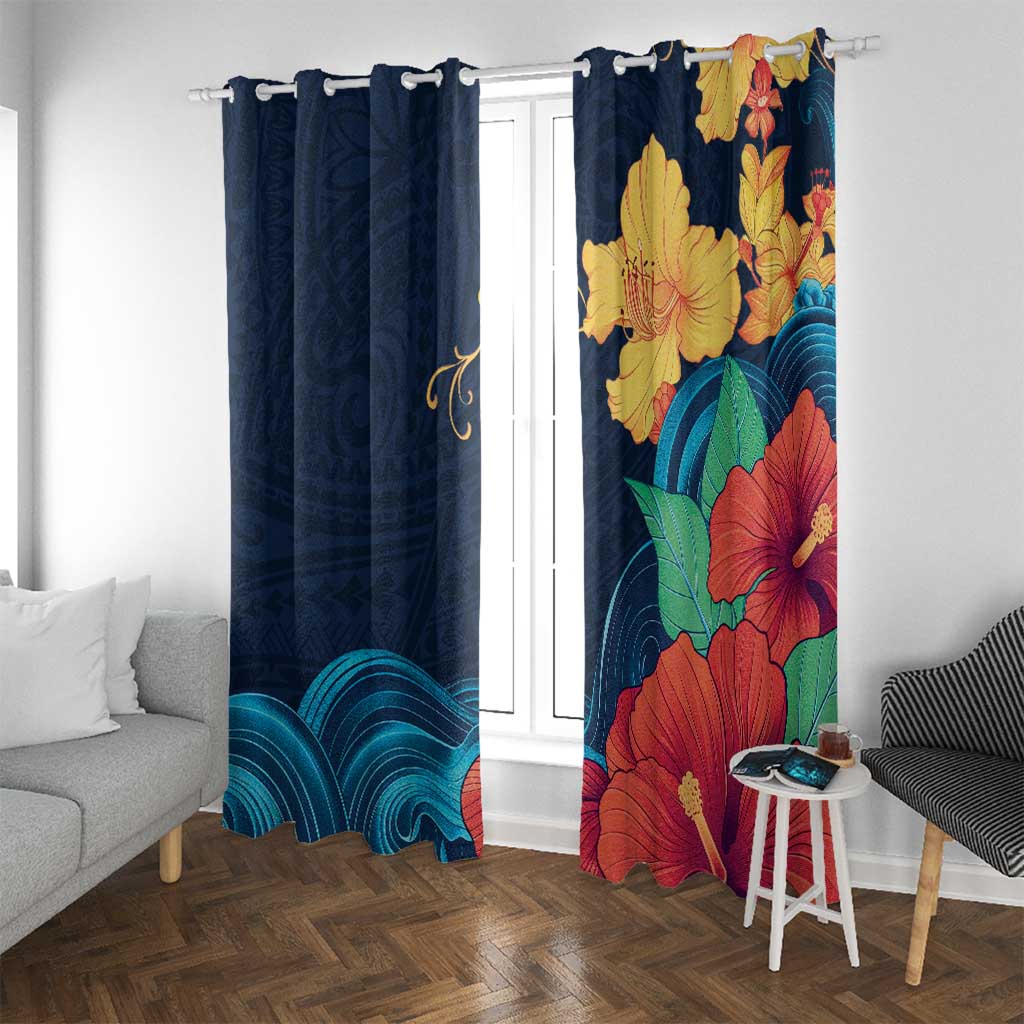 Polynesian Hibiscus Flower Waves Pattern Window Curtain LT9 With Grommets Dark Blue - Polynesian Pride