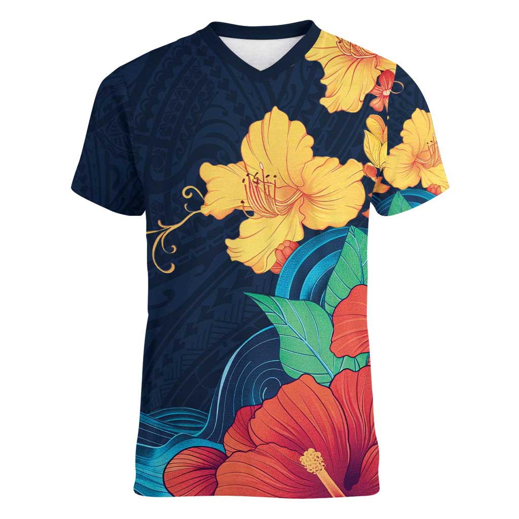Polynesian Hibiscus Flower Waves Pattern Women V-Neck T-Shirt