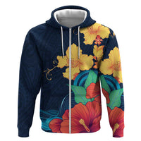 Polynesian Hibiscus Flower Waves Pattern Zip Hoodie