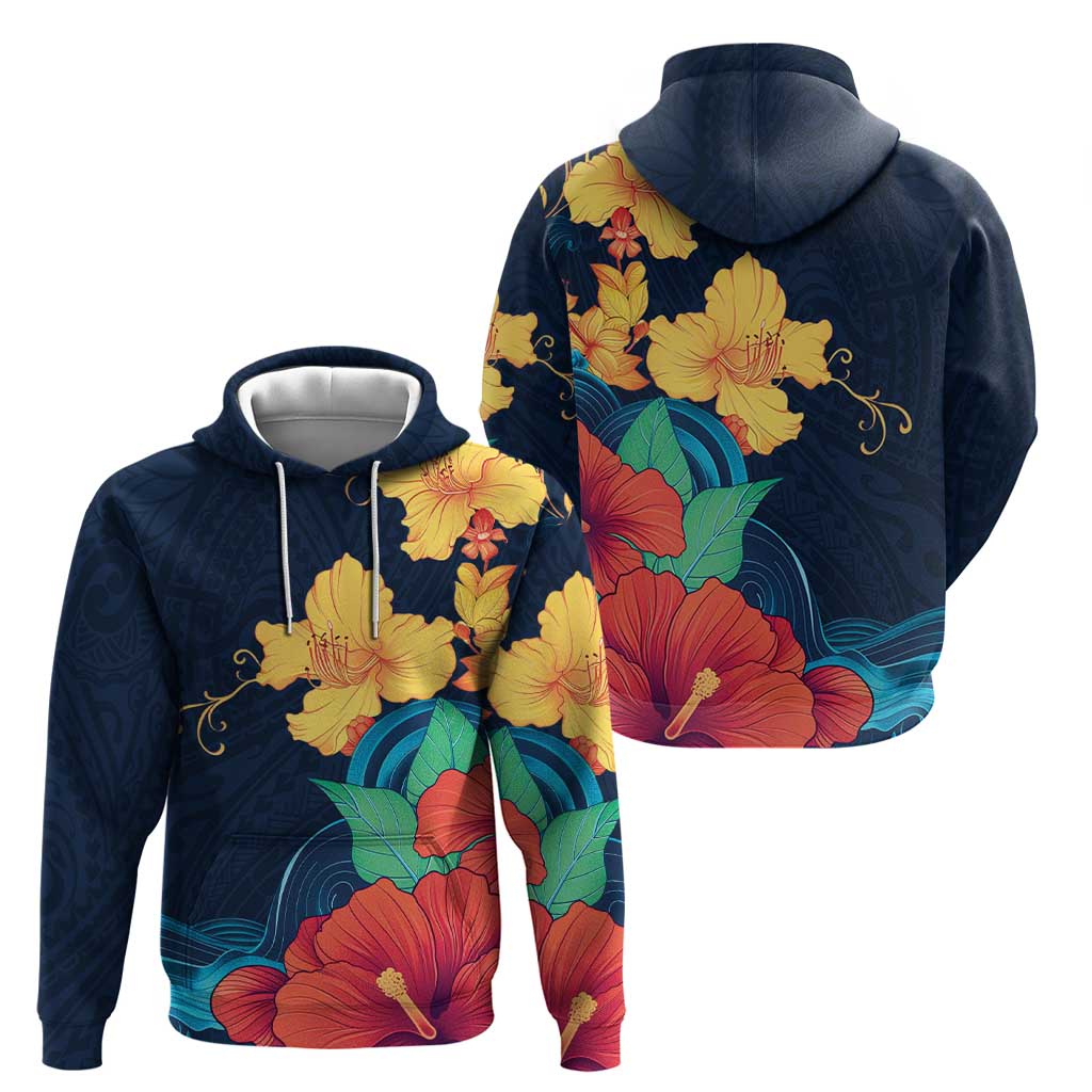 Polynesian Hibiscus Flower Waves Pattern Zip Hoodie