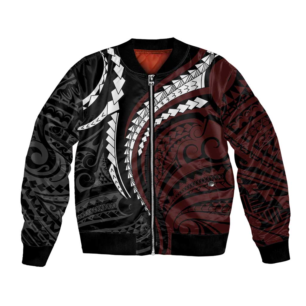 Polynesian Oxblood Line Art Tribal Tattoo Bomber Jacket