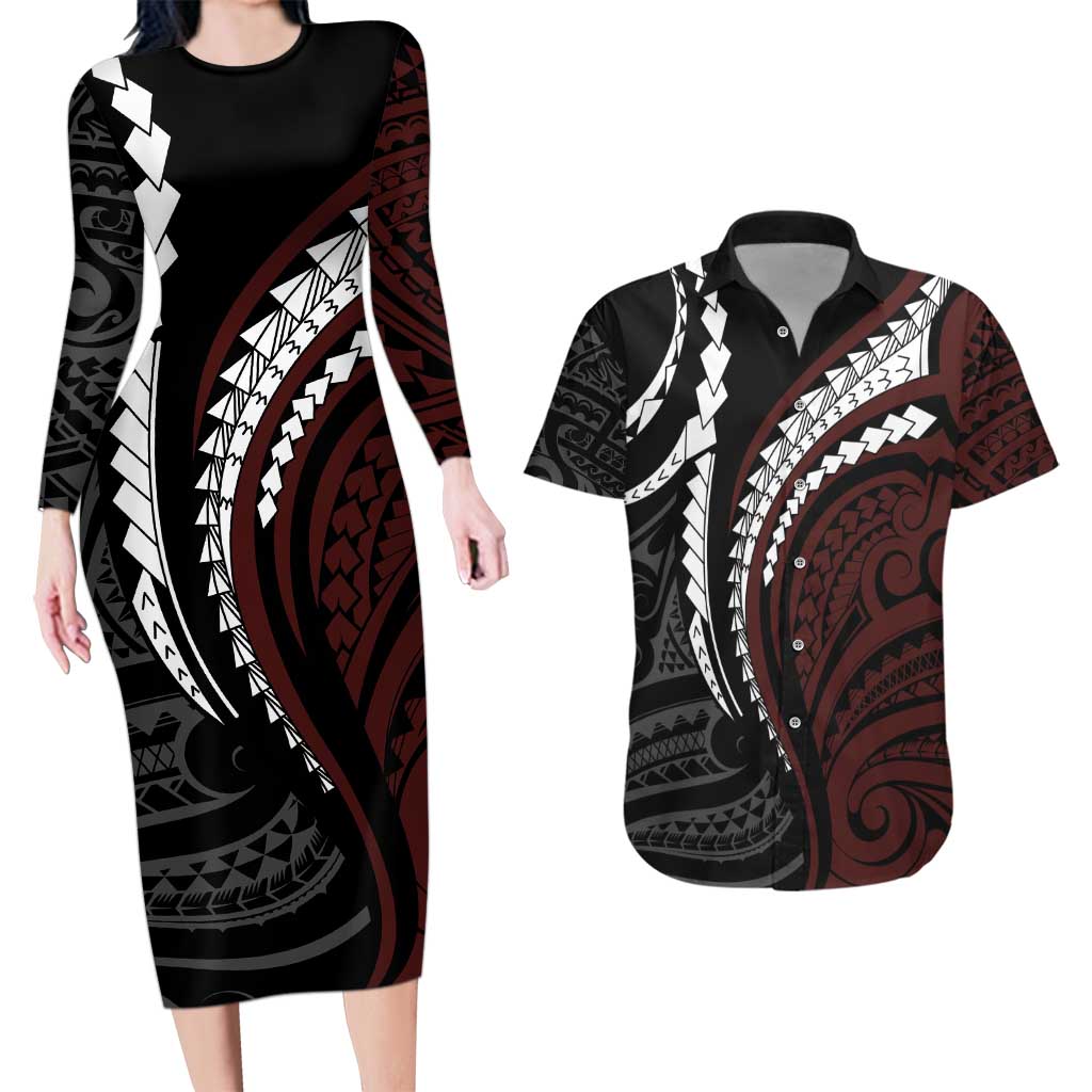 Polynesian Oxblood Line Art Tribal Tattoo Couples Matching Long Sleeve Bodycon Dress and Hawaiian Shirt