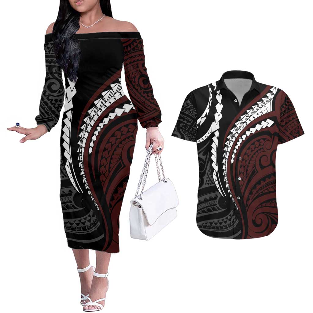 Polynesian Oxblood Line Art Tribal Tattoo Couples Matching Off The Shoulder Long Sleeve Dress and Hawaiian Shirt LT9 Beige - Polynesian Pride