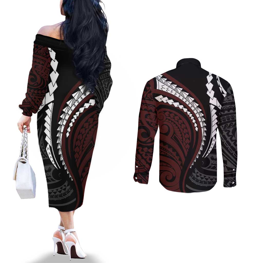 Polynesian Oxblood Line Art Tribal Tattoo Couples Matching Off The Shoulder Long Sleeve Dress and Long Sleeve Button Shirt