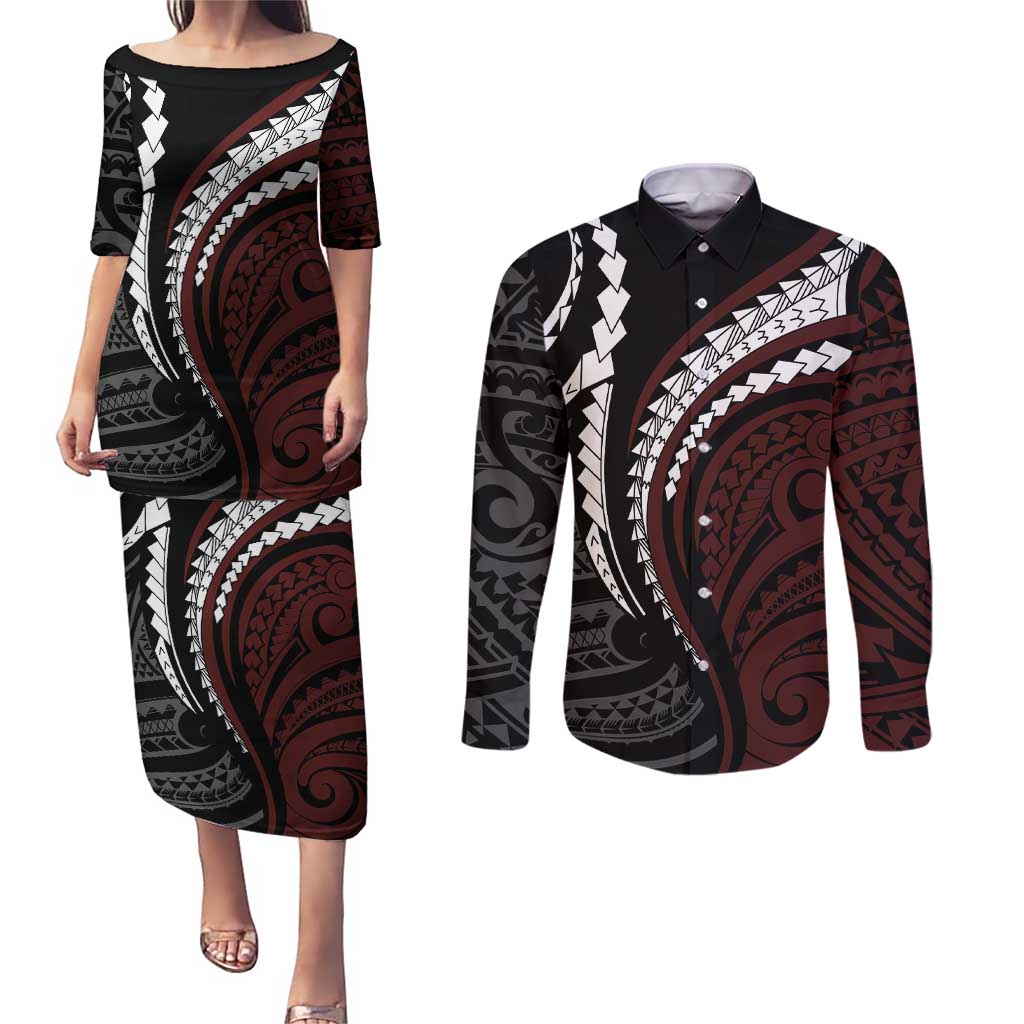 Polynesian Oxblood Line Art Tribal Tattoo Couples Matching Puletasi and Long Sleeve Button Shirt LT9 Beige - Polynesian Pride