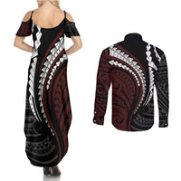 Polynesian Oxblood Line Art Tribal Tattoo Couples Matching Summer Maxi Dress and Long Sleeve Button Shirt LT9 - Polynesian Pride