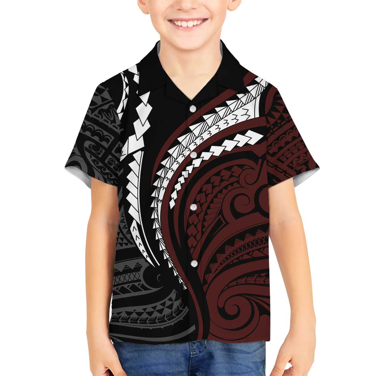 Polynesian Oxblood Line Art Tribal Tattoo Family Matching Off The Shoulder Long Sleeve Dress and Hawaiian Shirt