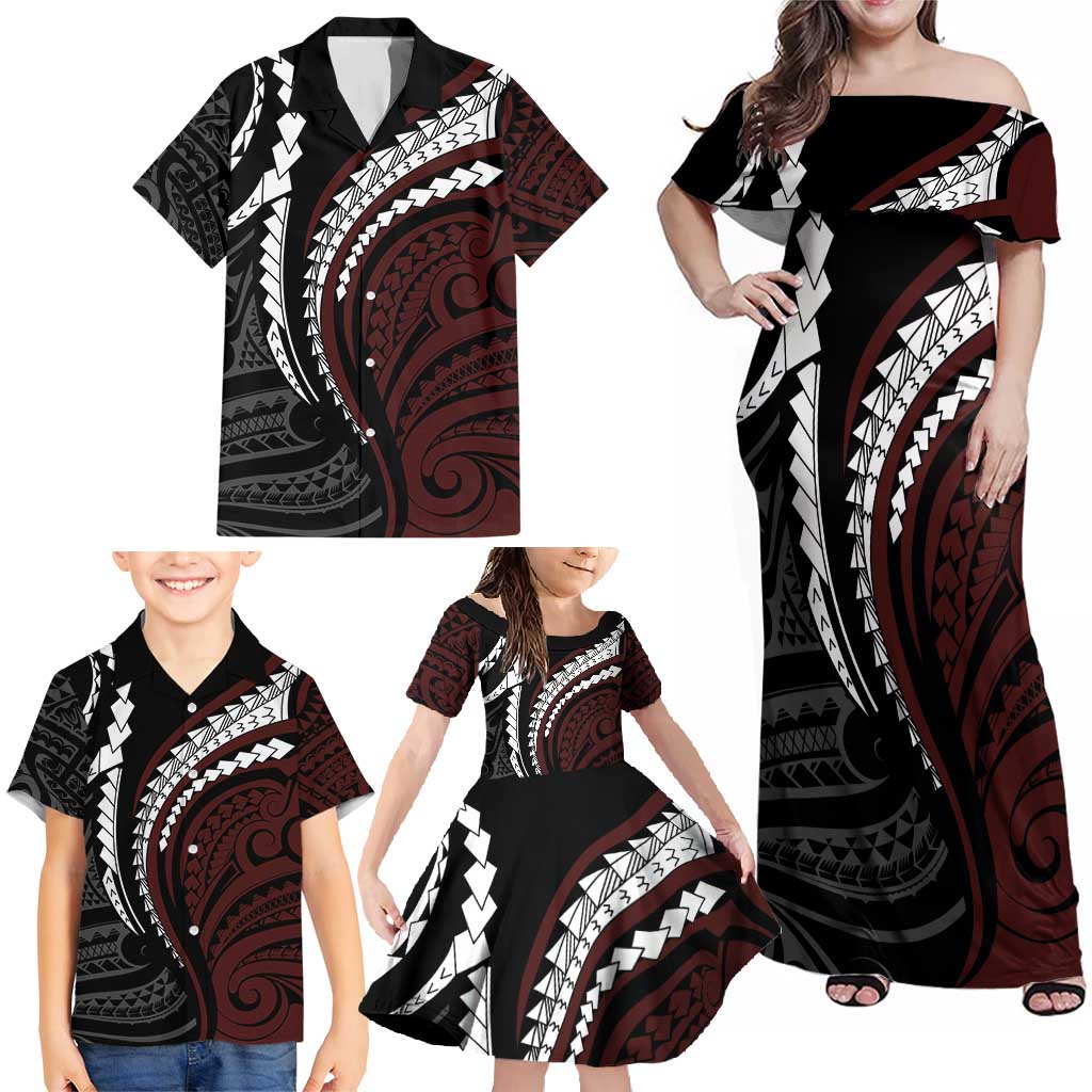 Polynesian Oxblood Line Art Tribal Tattoo Family Matching Off Shoulder Maxi Dress and Hawaiian Shirt