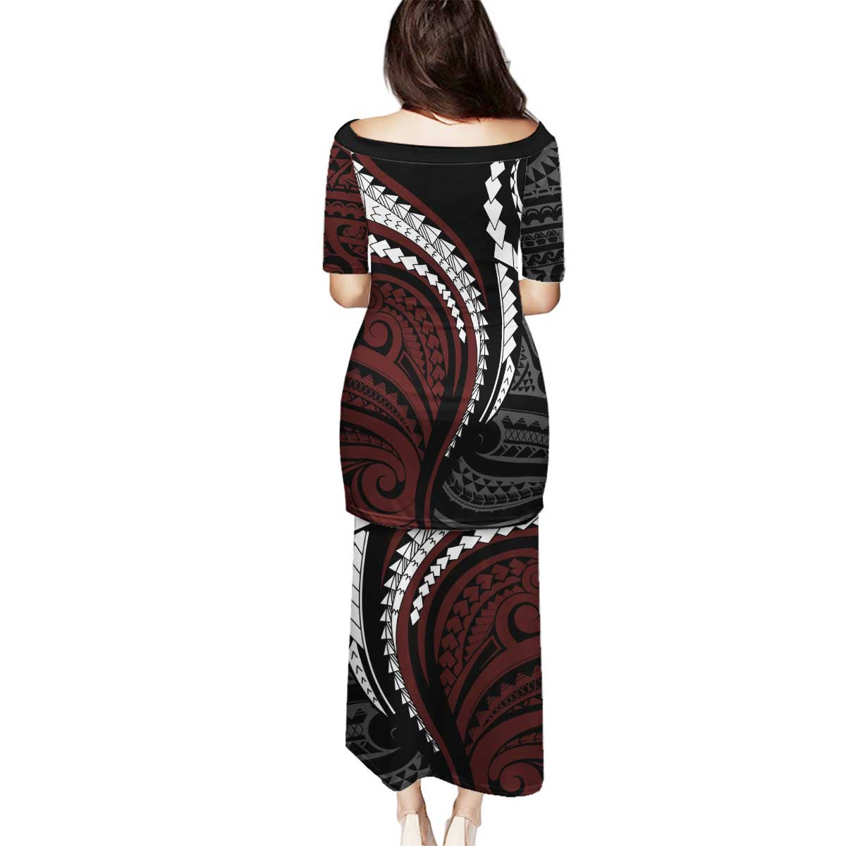 Polynesian Oxblood Line Art Tribal Tattoo Family Matching Puletasi and Hawaiian Shirt