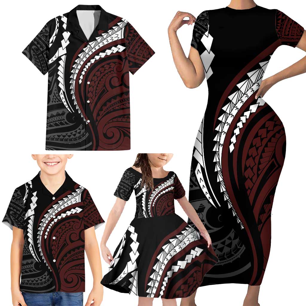 Polynesian Oxblood Line Art Tribal Tattoo Family Matching Short Sleeve Bodycon Dress and Hawaiian Shirt