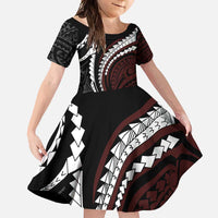 Polynesian Oxblood Line Art Tribal Tattoo Family Matching Summer Maxi Dress and Hawaiian Shirt LT9 Daughter's Dress Beige - Polynesian Pride