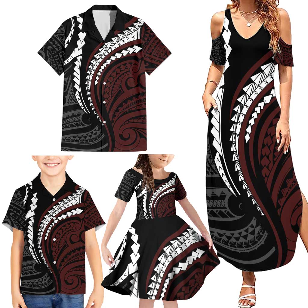 Polynesian Oxblood Line Art Tribal Tattoo Family Matching Summer Maxi Dress and Hawaiian Shirt