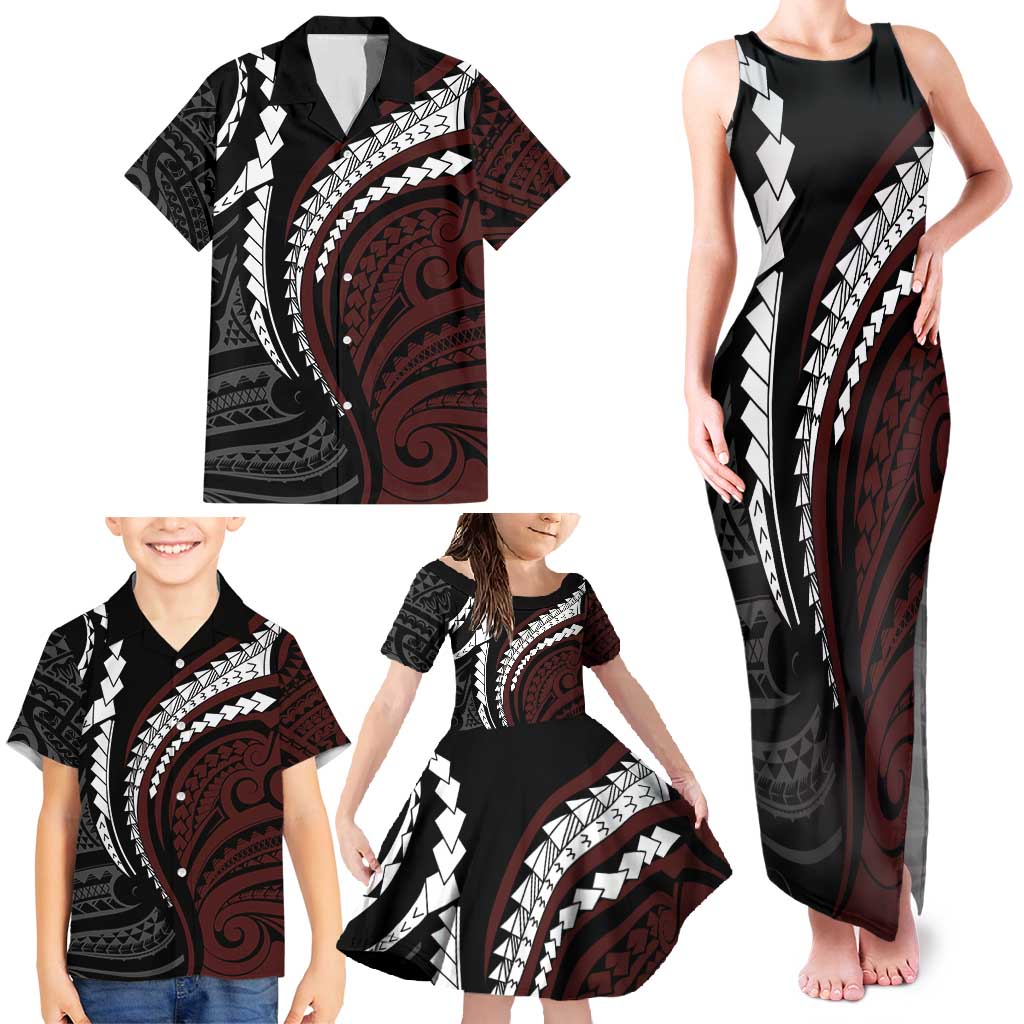 Polynesian Oxblood Line Art Tribal Tattoo Family Matching Tank Maxi Dress and Hawaiian Shirt LT9 - Polynesian Pride
