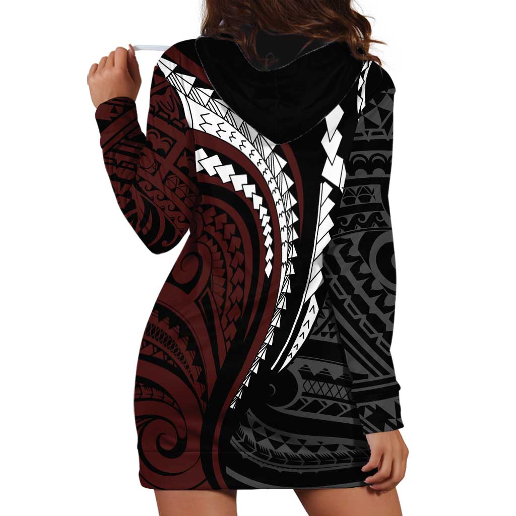 Polynesian Oxblood Line Art Tribal Tattoo Hoodie Dress LT9 - Polynesian Pride