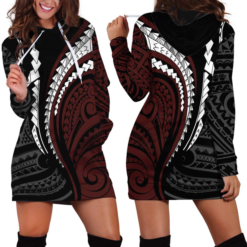 Polynesian Oxblood Line Art Tribal Tattoo Hoodie Dress LT9 - Polynesian Pride