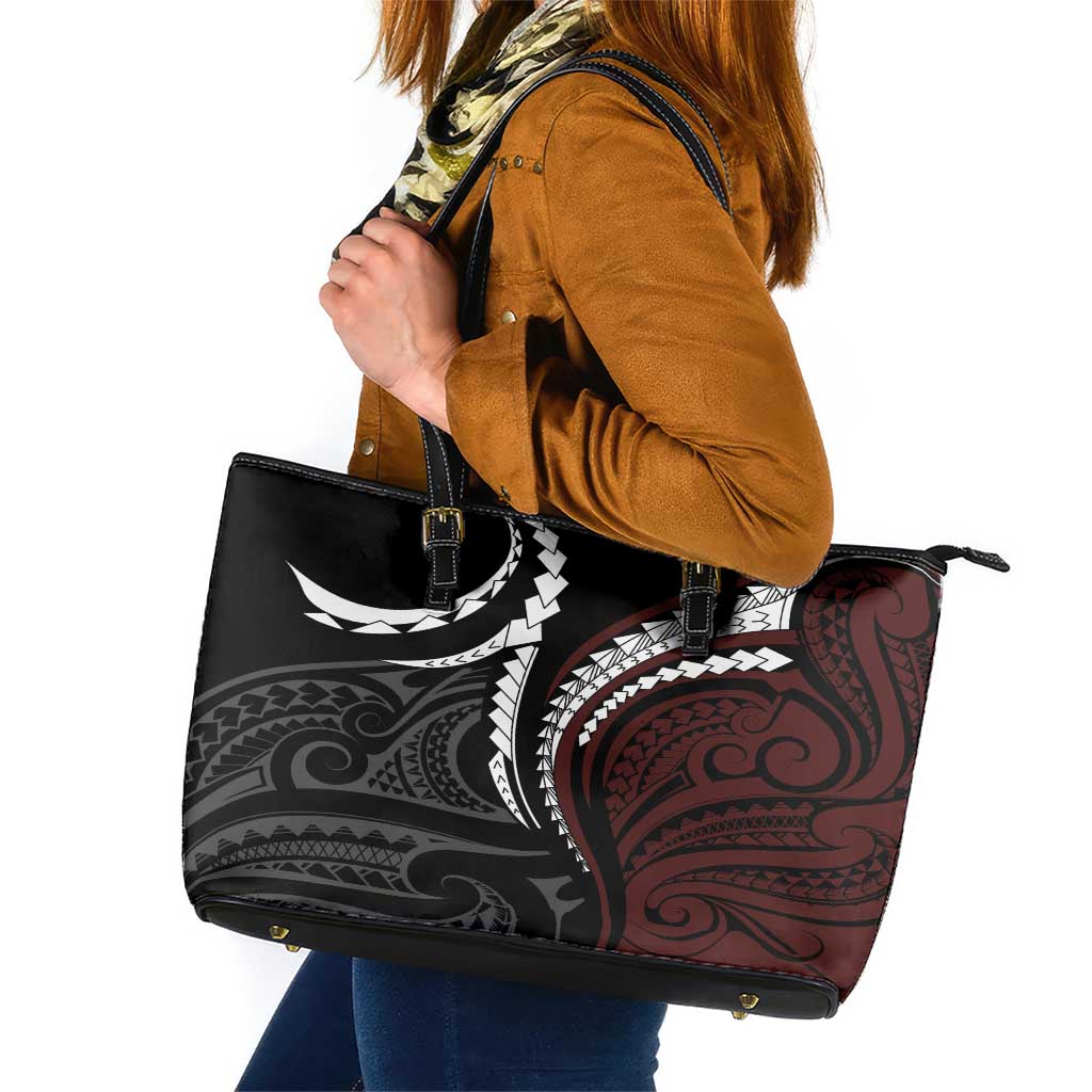 Polynesian Oxblood Line Art Tribal Tattoo Leather Tote Bag LT9 Beige - Polynesian Pride