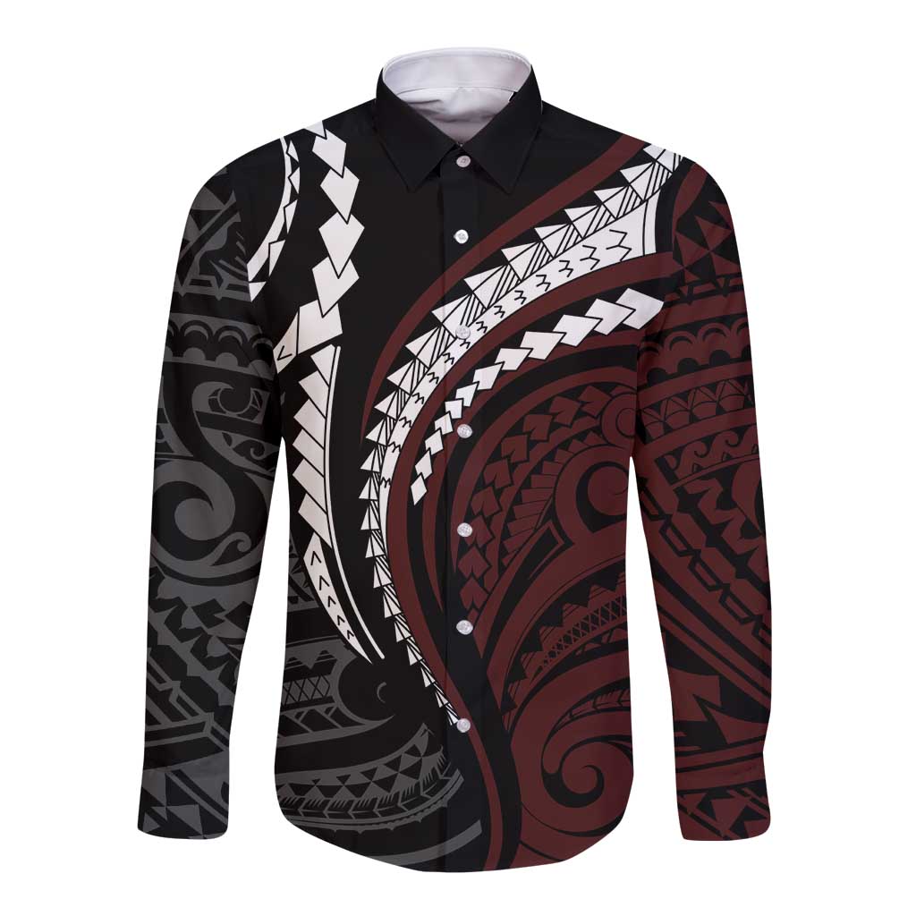 Polynesian Oxblood Line Art Tribal Tattoo Long Sleeve Button Shirt