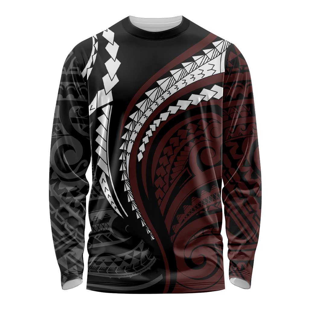 Polynesian Oxblood Line Art Tribal Tattoo Long Sleeve Shirt