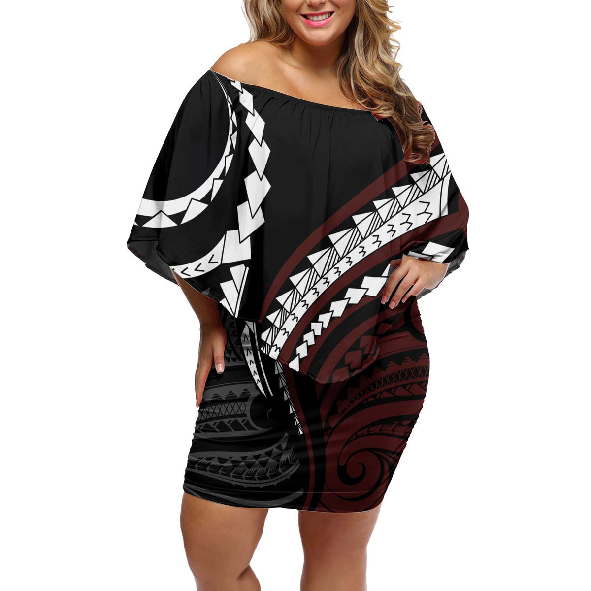 Polynesian Oxblood Line Art Tribal Tattoo Off Shoulder Short Dress LT9 Women Beige - Polynesian Pride
