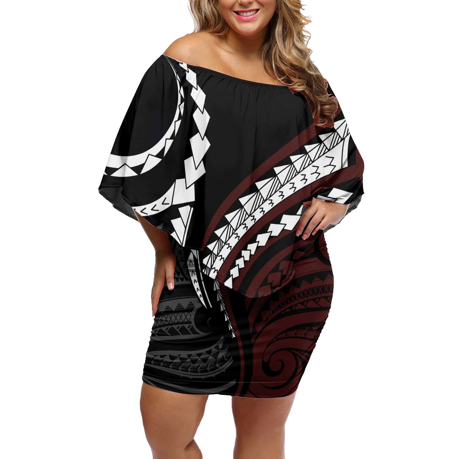 Polynesian Oxblood Line Art Tribal Tattoo Off Shoulder Short Dress