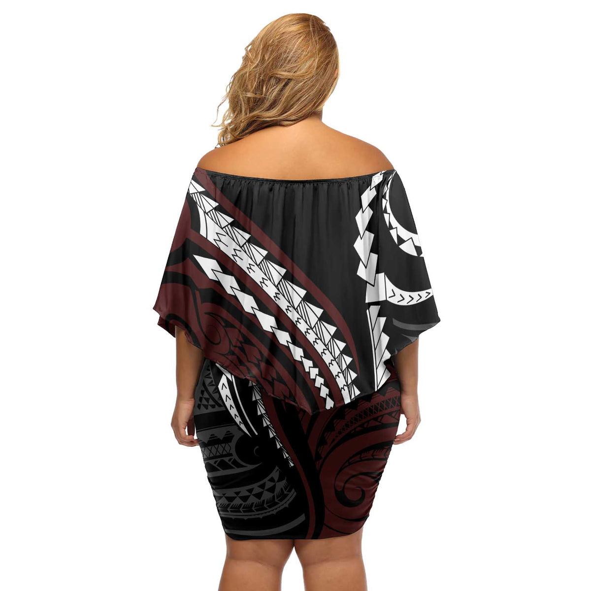 Polynesian Oxblood Line Art Tribal Tattoo Off Shoulder Short Dress LT9 - Polynesian Pride