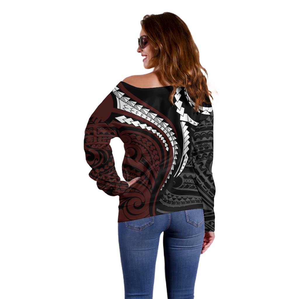 Polynesian Oxblood Line Art Tribal Tattoo Off Shoulder Sweater