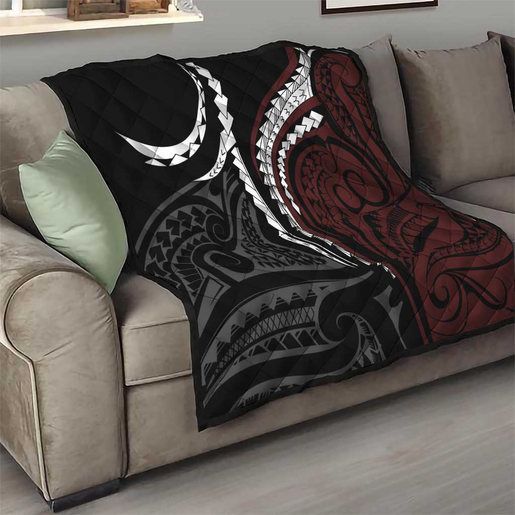 Polynesian Oxblood Line Art Tribal Tattoo Quilt