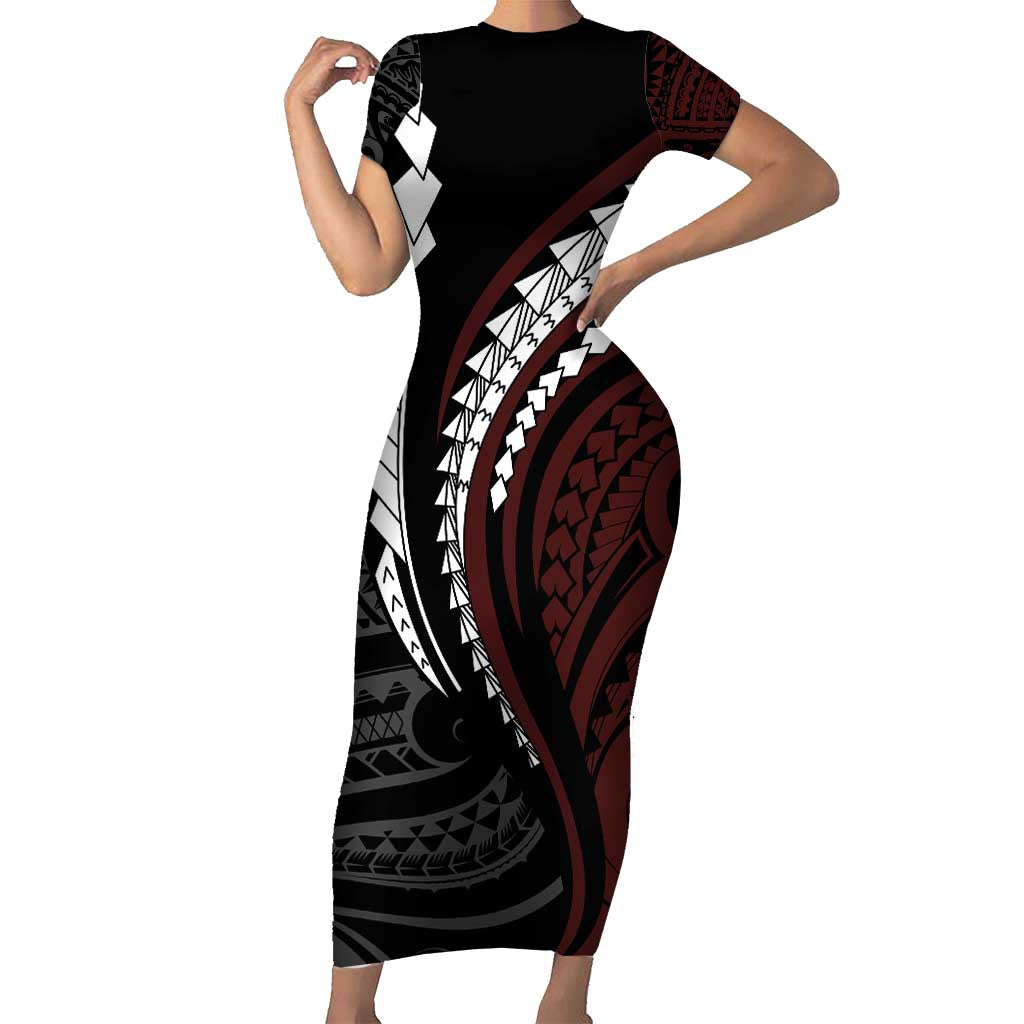 Polynesian Oxblood Line Art Tribal Tattoo Short Sleeve Bodycon Dress