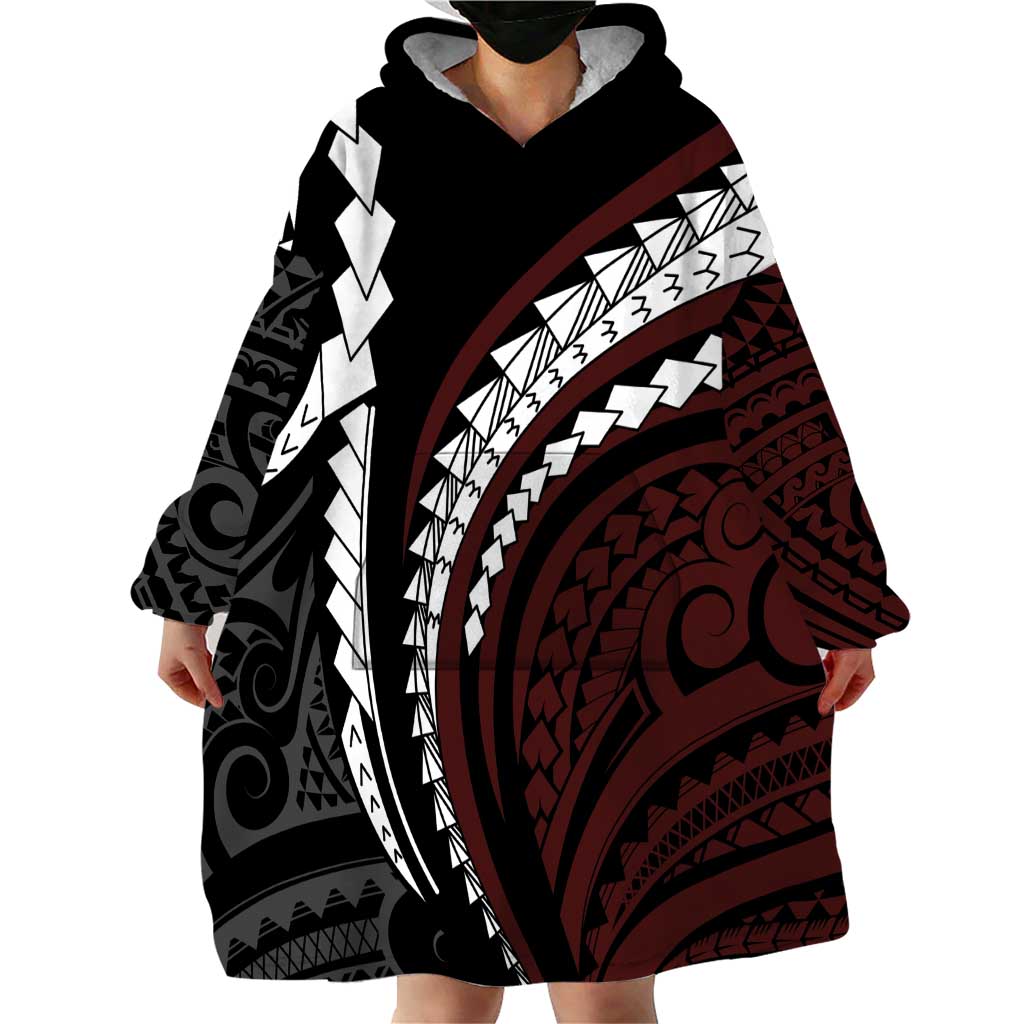 Polynesian Oxblood Line Art Tribal Tattoo Wearable Blanket Hoodie LT9 - Polynesian Pride