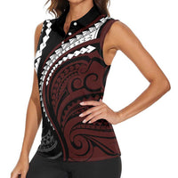 Polynesian Oxblood Line Art Tribal Tattoo Women Sleeveless Polo Shirt