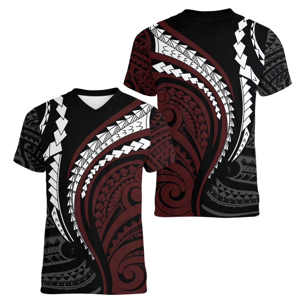 Polynesian Oxblood Line Art Tribal Tattoo Women V-Neck T-Shirt