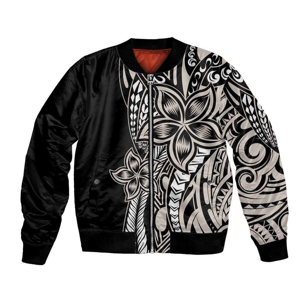 Polynesian Plumeria Floral Tattoo Pattern Bomber Jacket Beige Style