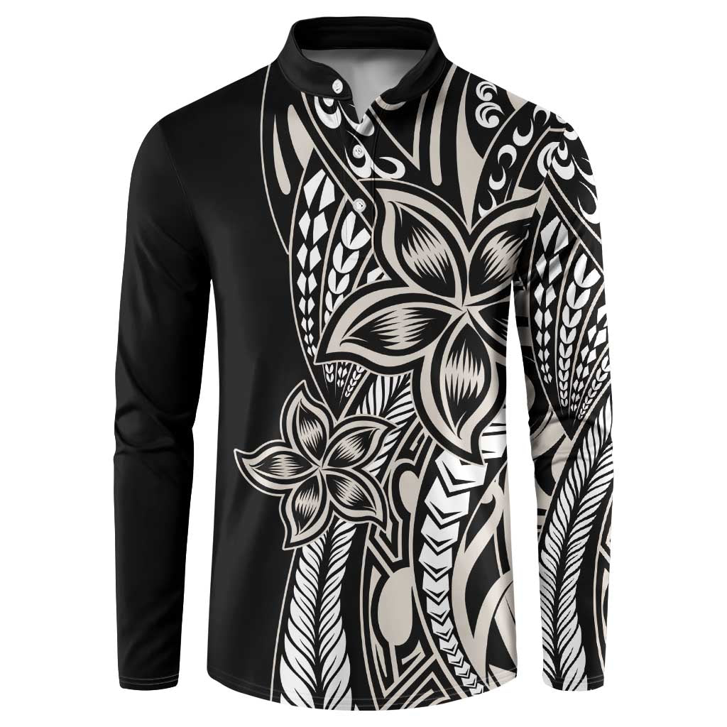 Polynesian Plumeria Floral Tattoo Pattern Button Sweatshirt Beige Style