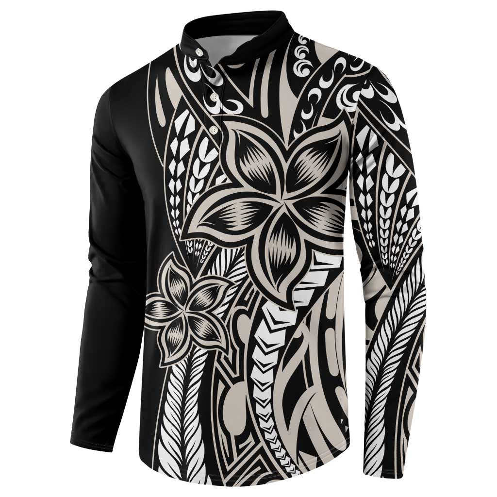 Polynesian Plumeria Floral Tattoo Pattern Button Sweatshirt Beige Style