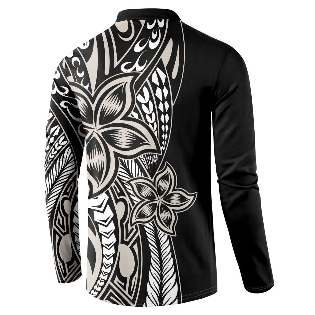 Polynesian Plumeria Floral Tattoo Pattern Button Sweatshirt Beige Style